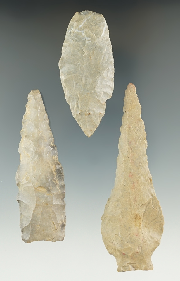 Set of three flaked artifacts found in Tennessee, largest is 3 7/16".