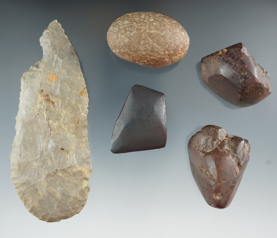 Group of five assorted artifacts found near the Ohio River, Ohio & West Virginia. Largest is a 4 1/8