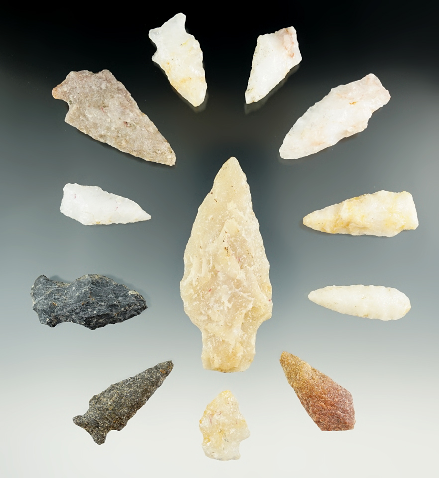 Group of 12 assorted quartz artifacts, largest is 3". All of these were found in a hog lot.