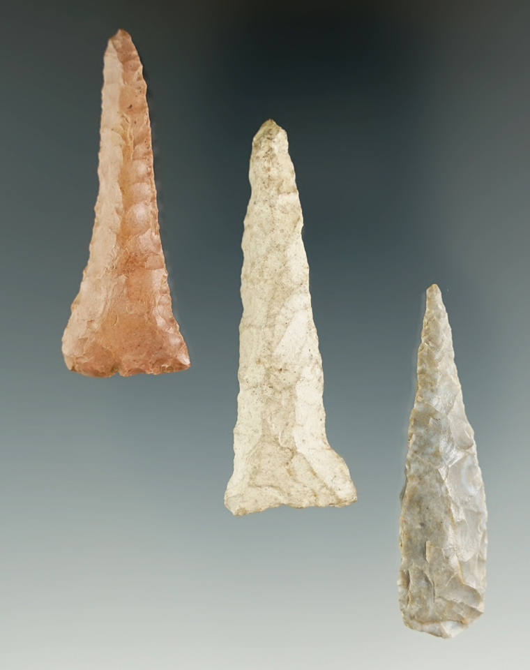 Set of 3 Flint Drills, largest is 2", found in Ross Co., Ohio.