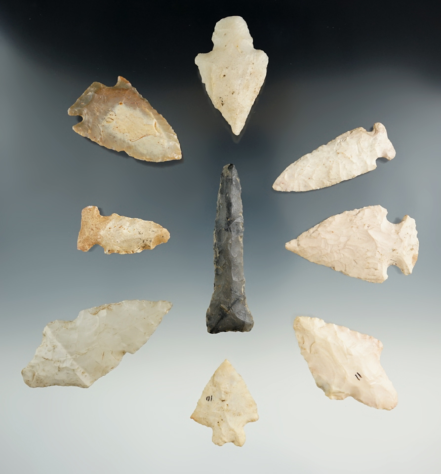 Group of eight points and one drill found in the Midwest. Largest is 2 5/8".