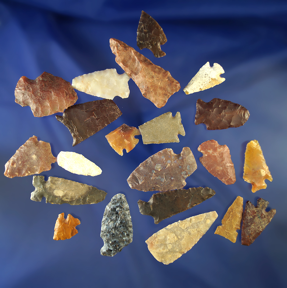 Set of 21 assorted arrowheads in various conditions, largest is 1 5/8". Wyoming.