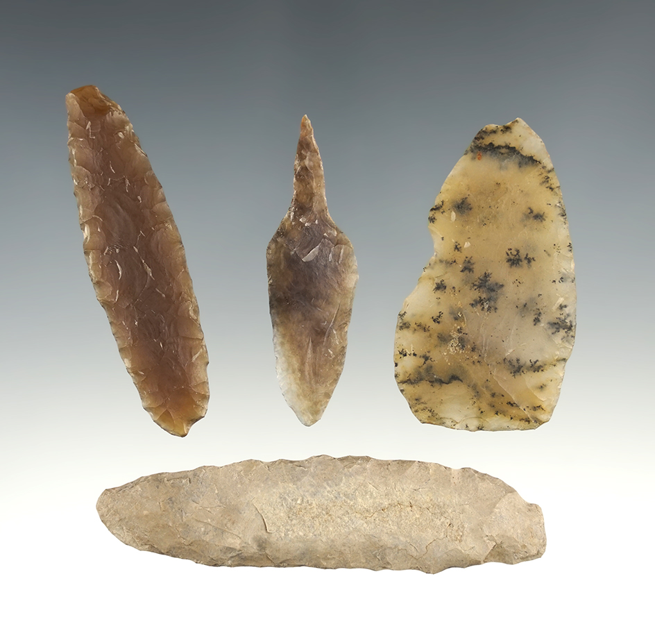 Set of 3 Blades and 1 Drill. Boley Site in Morton Co., North Dakota. The largest is 2 7/8".