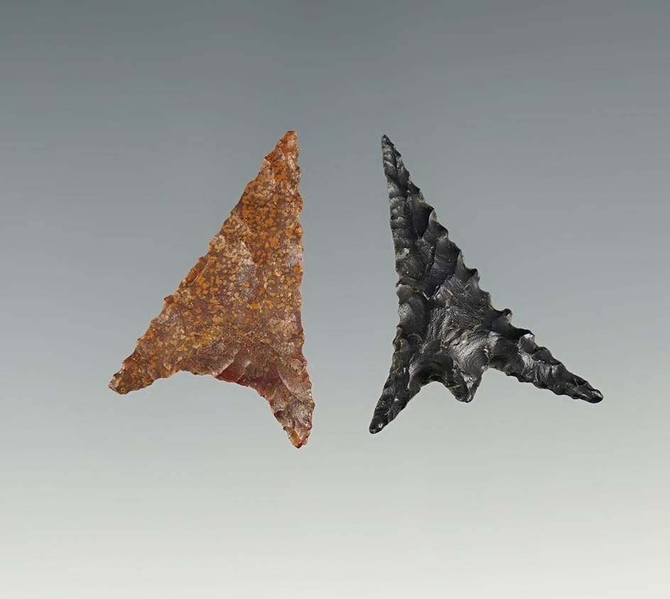 Pair of fine Oregon points including a 1 1/16" Gunther Triangle. Ex. Howard collection.