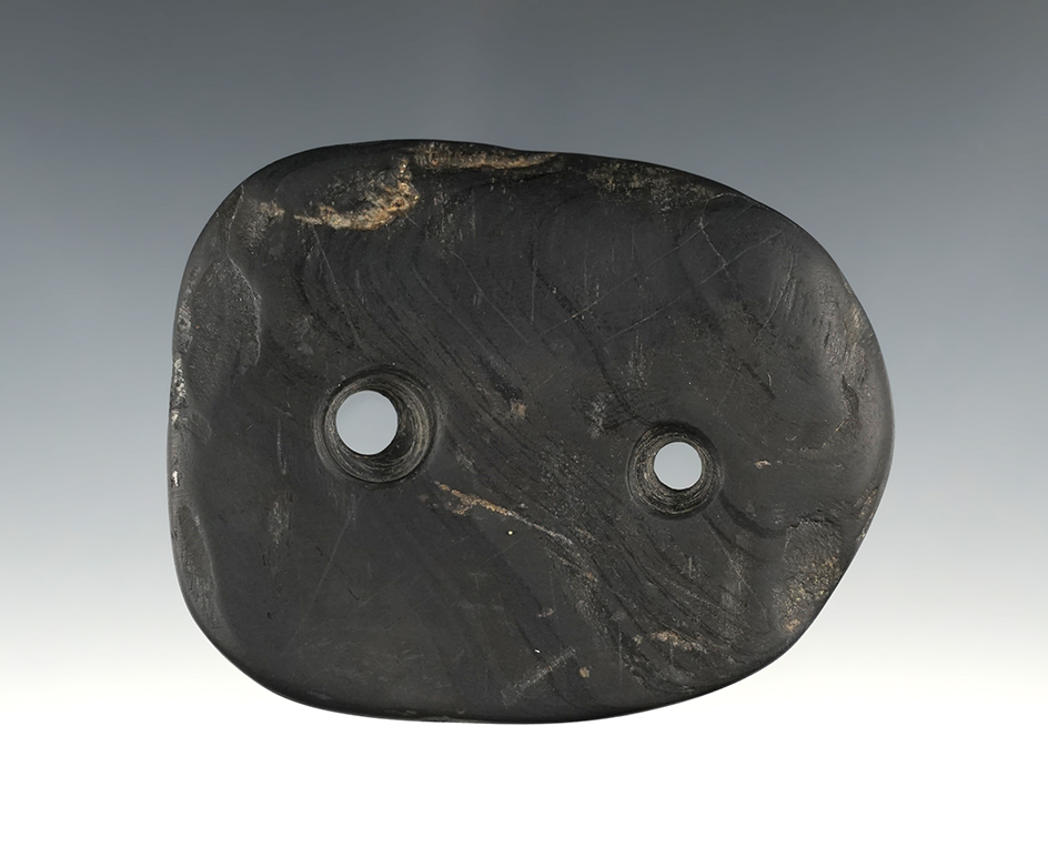 2 15/16" Ohio Glacial Kame Gorget with engraving. Made from black slate.