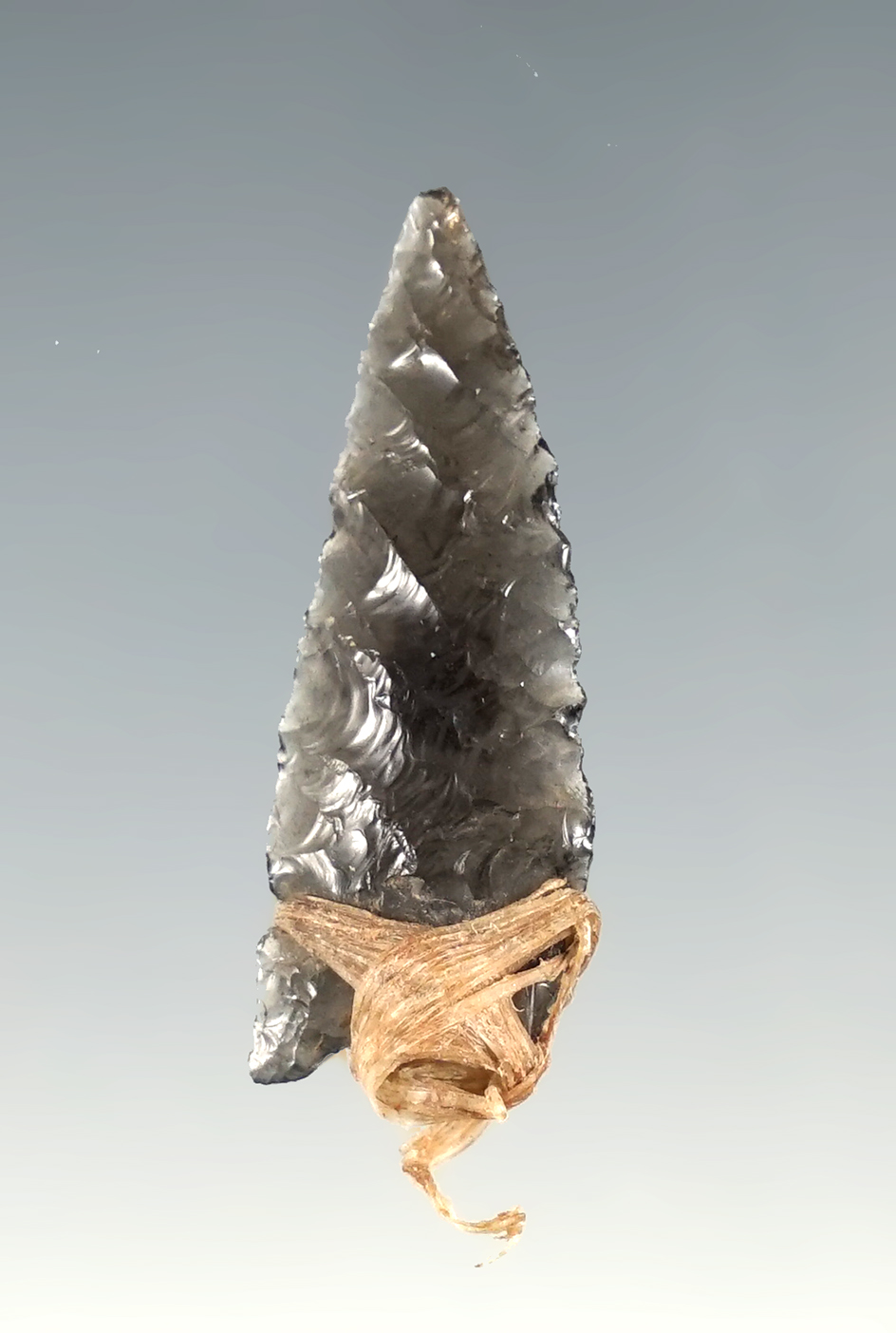 Very rare! 1 1/4" Desert Side Notch - Obsidian. Has original hafting sinew on the base. Oregon.