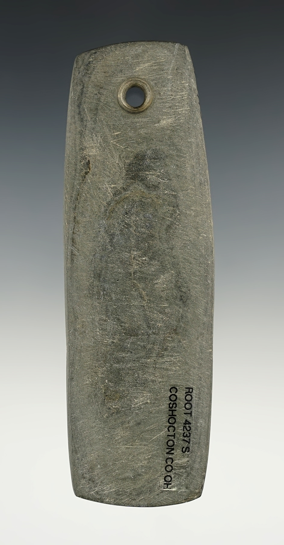 Well patinated 4 5/8" Hopewell Rectangular Pendant. Coshocton Co., Ohio. Ex. Jim Hovan.