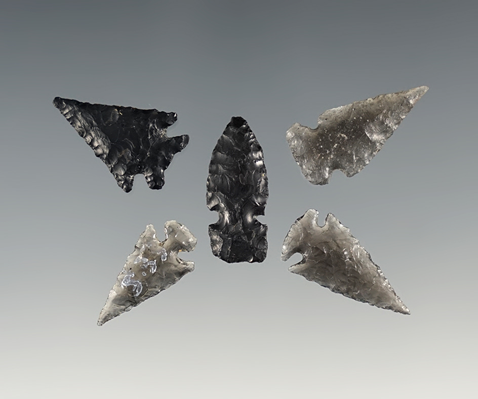Set of 5 finely flaked Obsidian points found in New Mexico. The largest is 15/16".