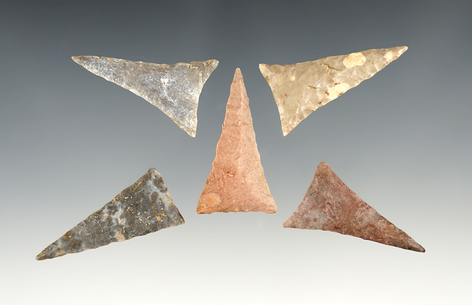Set of 5 well made Triangle points found in Kentucky and Tennessee. The largest is 1 1/2".