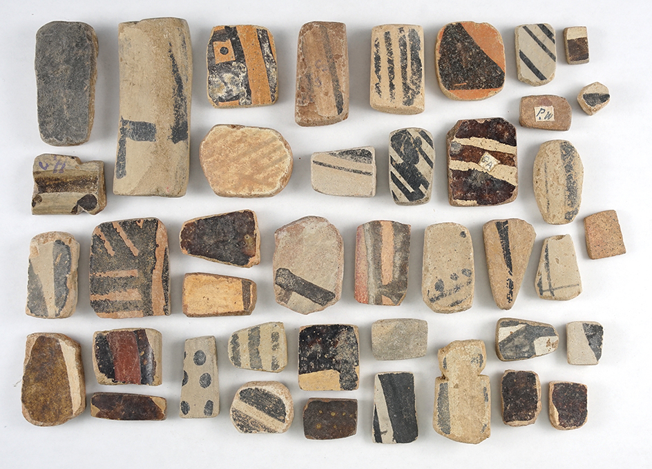 Set of 36 anciently salvaged pottery shards in various shapes.  New Mexico. The largest is 1 5/8".