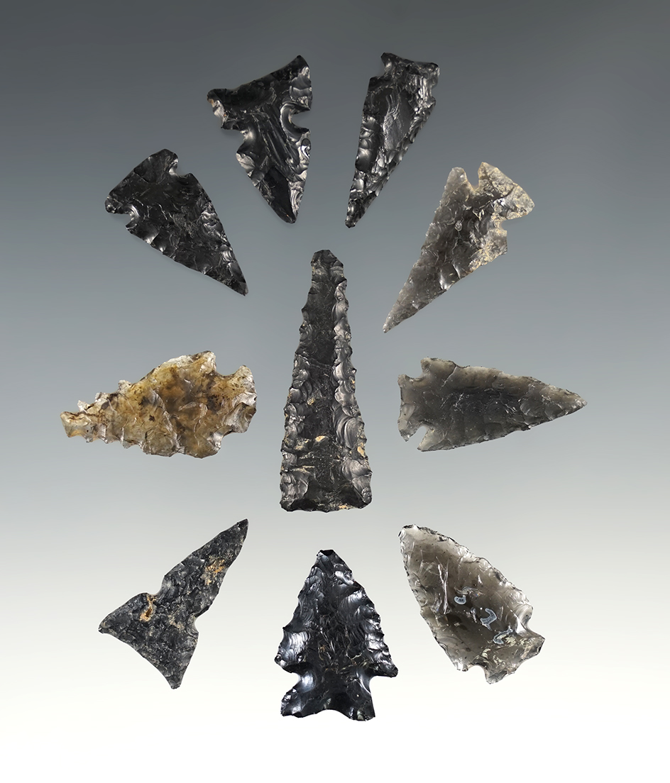 Set of 10 nice Obsidian points found in New Mexico. The largest is 1 7/16".
