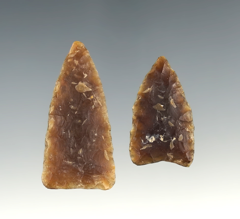 Pair of nicely made Knife River Flint Triangle points - Hardin Co., South Dakota. Largest is 1 3/4".
