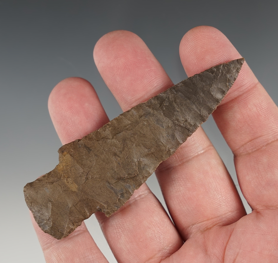 Thin and well made 3 1/2" Bakers Creek found in Hardin Co., Tennessee. Ex. Rocky Hall collection.