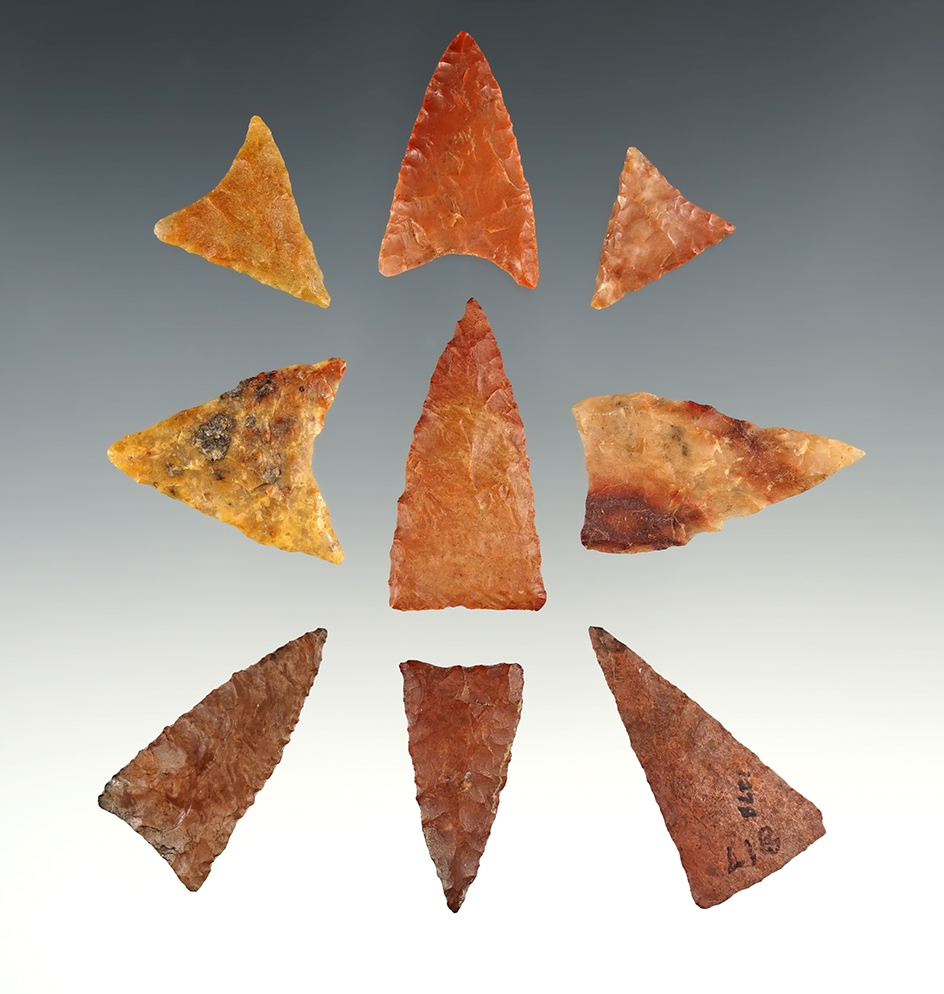 Set of 9 Colorful Tennessee Triangle points made from beautiful flint. The largest is 1 1/2".