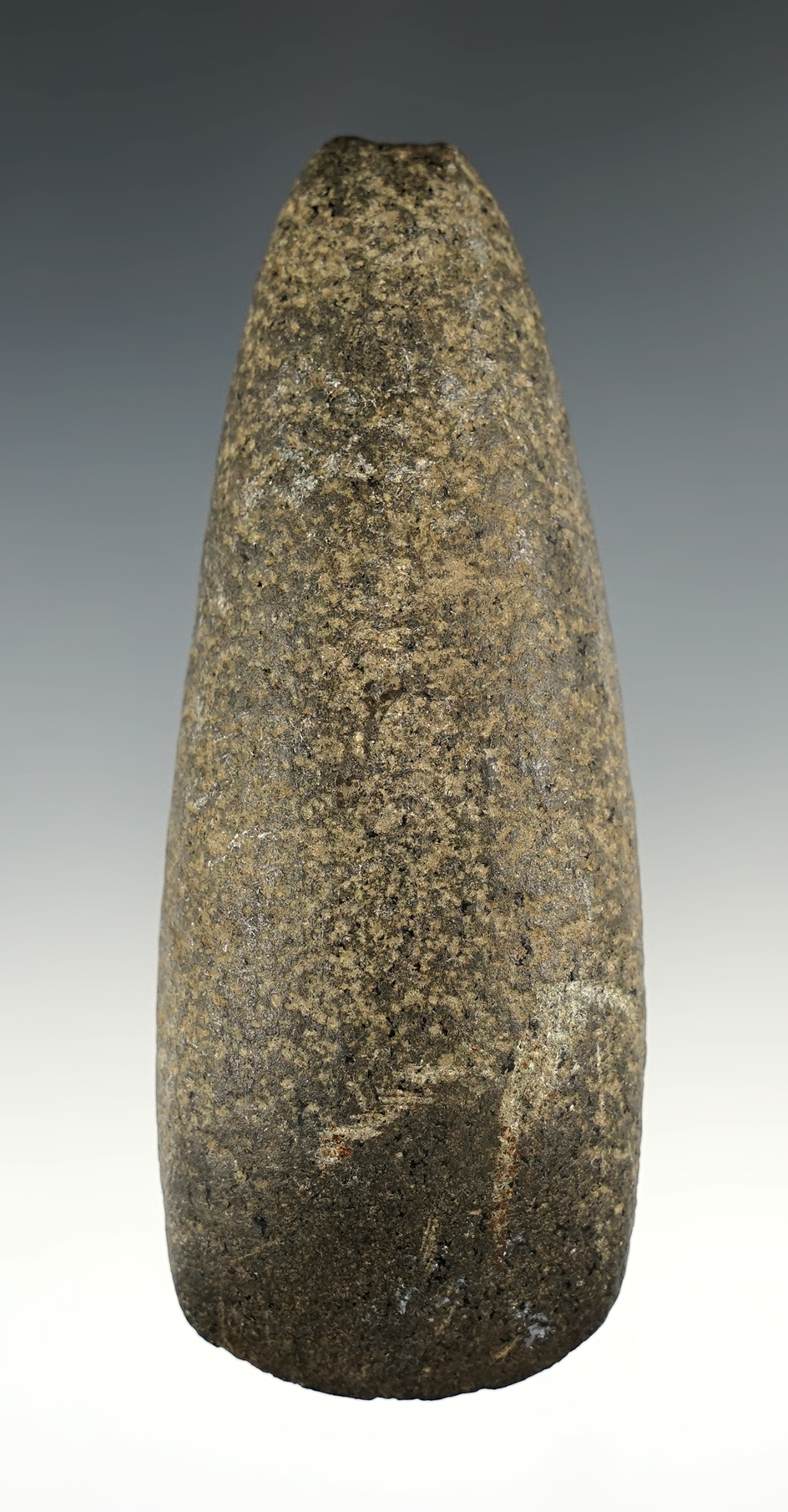 4 1/4" Hardstone Celt found by Bill Tester in Tennessee. Bit in good condition with good polish.