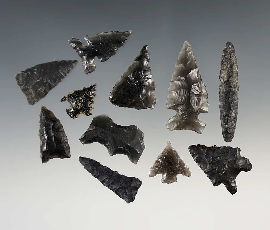 Set of 11 assorted Obsidian points found by R. D. Mudge in Nevada. The largest is 1 5/8".
