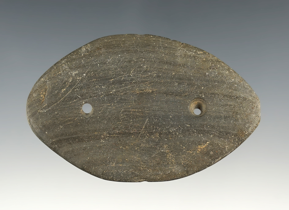 Nice 3 1/16" long Elliptical Gorget that is tallied and engraved. NW Ohio. Ex. Bob Scantlan.