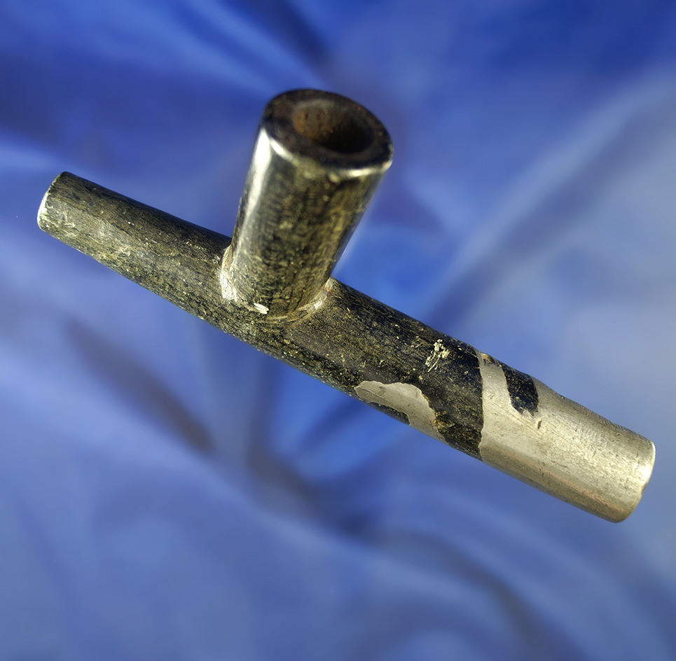 4 5/8" steatite pipe with a spiral lead inlay. Found near the Columbia River.