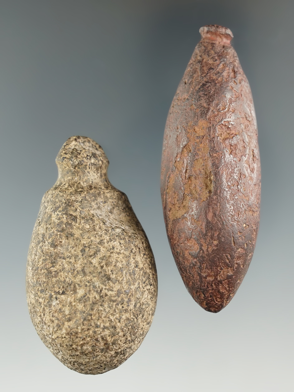 Pair of plummets found in Indiana, one is hematite. Largest is 2 13/16".