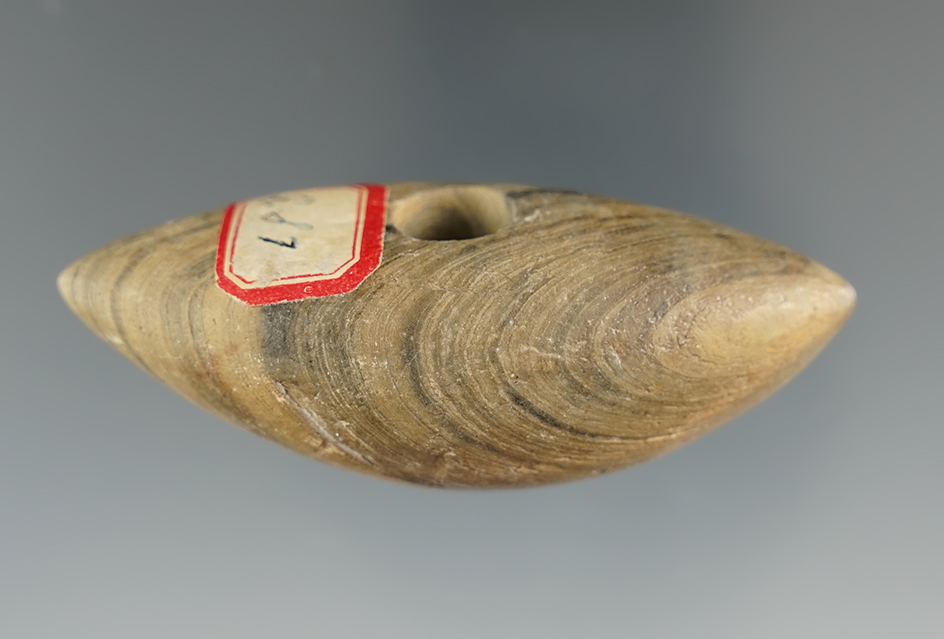 2 3/4" Highly Banded Slate Pick Bannerstone with great patina.  Nice example.