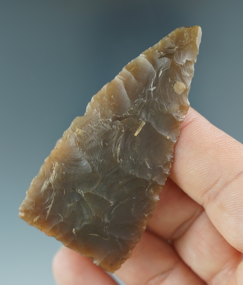 Thin and well flaked 2 5/8" Triangular Knife made from beautiful semi translucent Flint - ND.