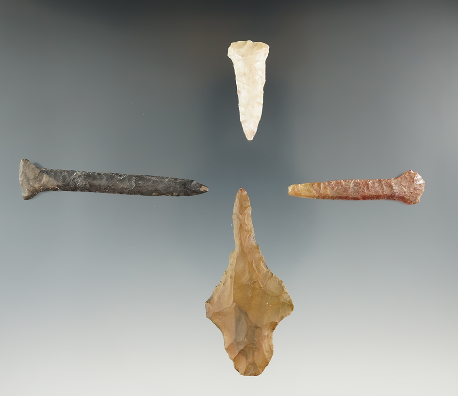 Set of four Midwestern Drills, largest is 2 1/2" and is broken and glued at the midsection.