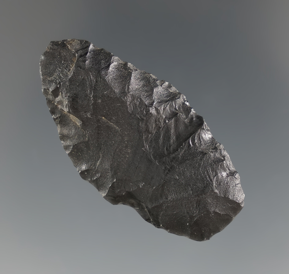 1 11/16" Paleo Silver Lake that is fluted made from obsidian. Found in Nevada. Pictured!