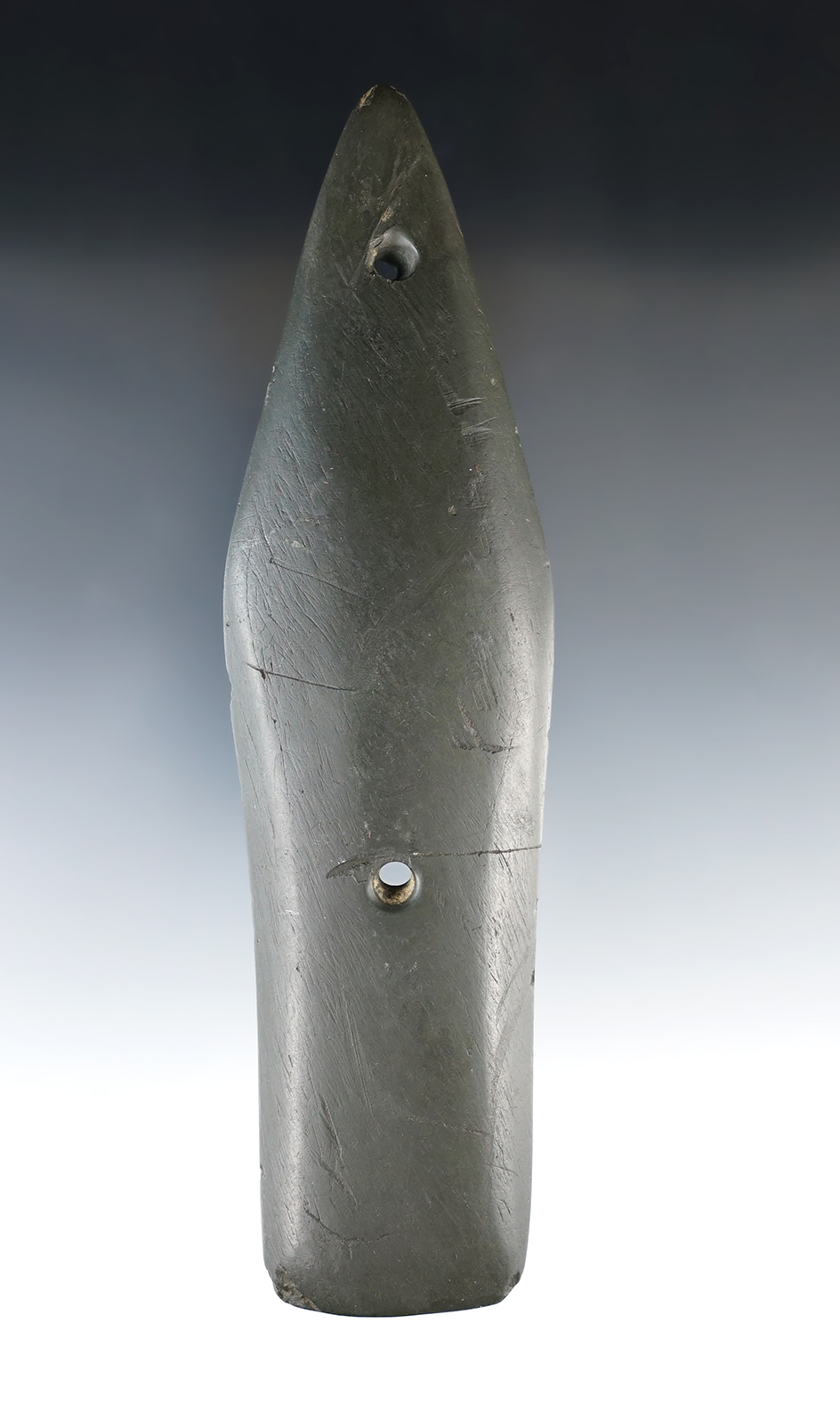 6 5/8" Glacial Kame Spear Gorget slate. Wood Co., Ohio.