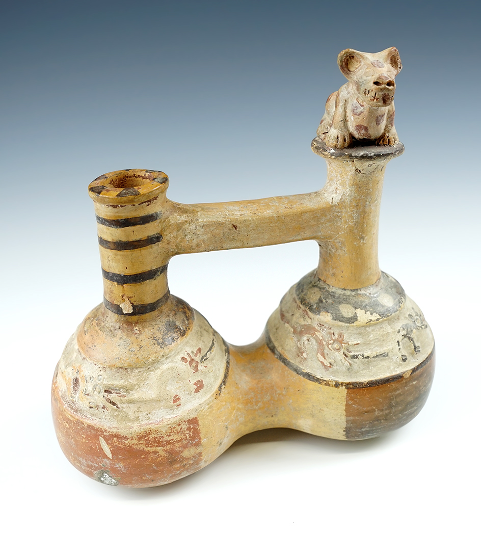 7 1/4" Long x 6 7/8" tall Moche Jaguar Whistle Beer Jug.