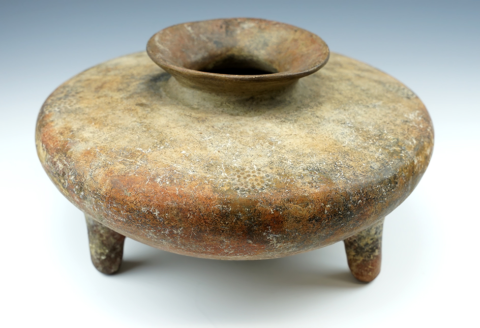 Large 11" wide x 6" tall Aztec tri-leg pottery vessel.