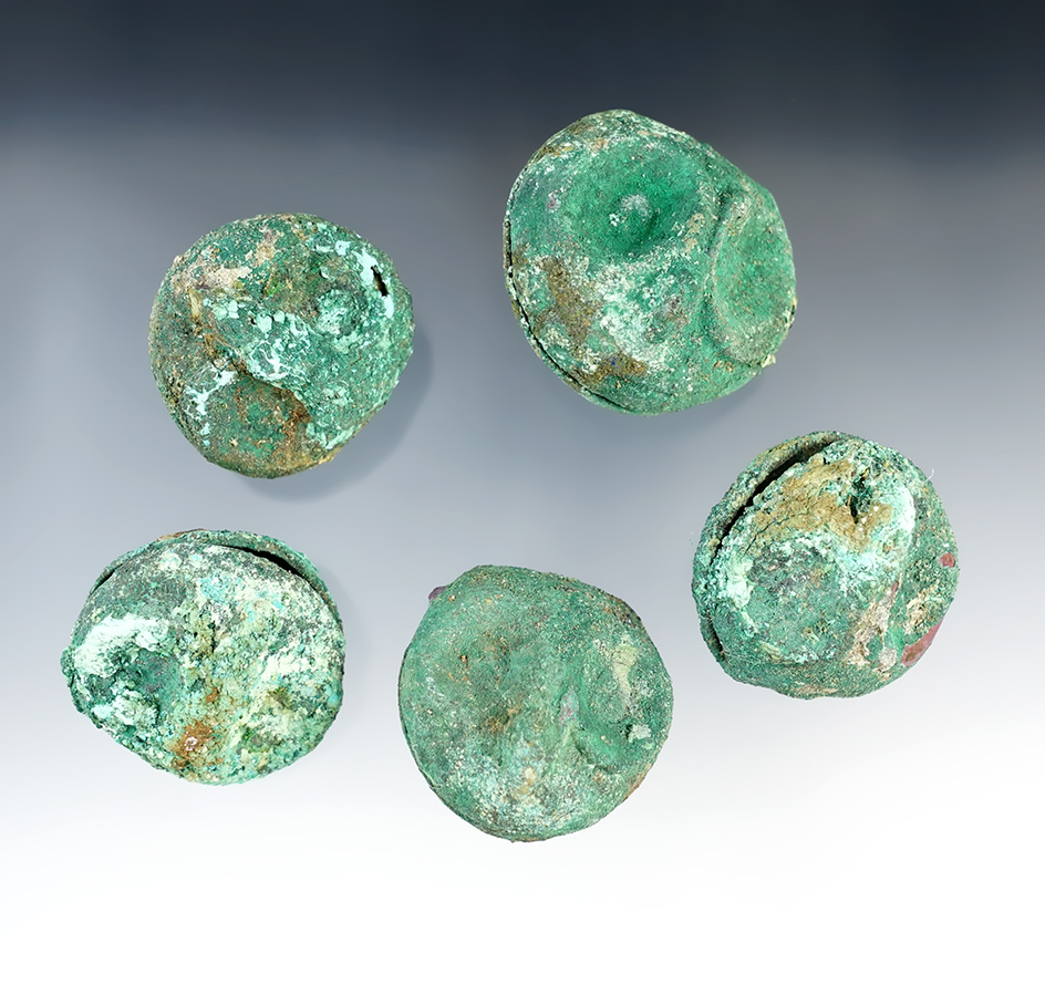 five classic Moche Owl Effigy adornments. Found in Peru.