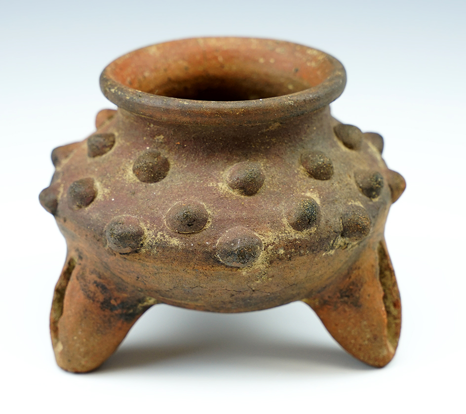 4 1/2" x 3 3/4"  Tri-leg Noded pottery jar, Costa Rica.