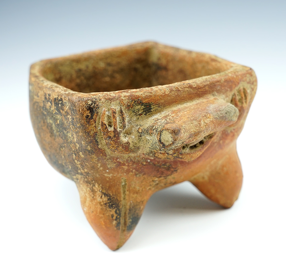 5 3/8" x 3 1/4" tri-leg crab pottery vessel, Costa Rica.