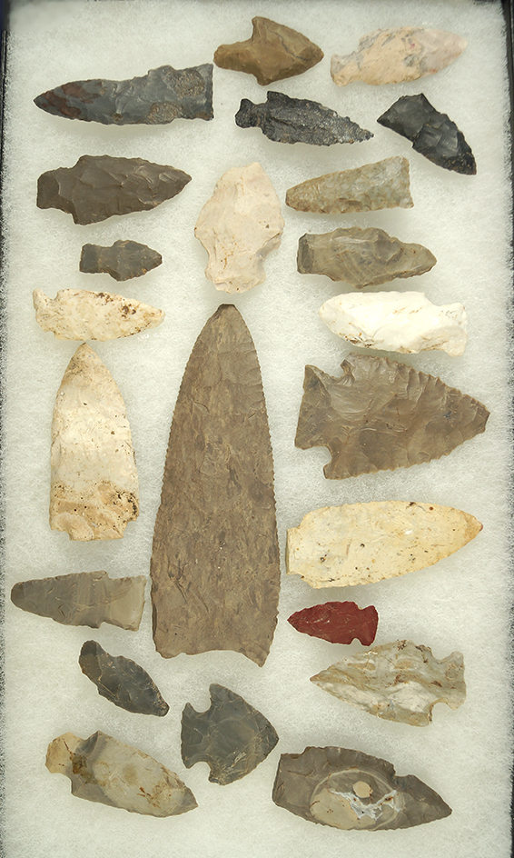 Group of 23 assorted Flint artifacts, largest is 5 7/16" Found in central Illinois by Ron Phillips.