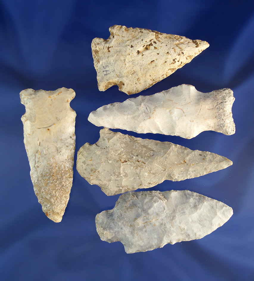 Set of five assorted Missouri arrowheads, largest is 3 3/16".