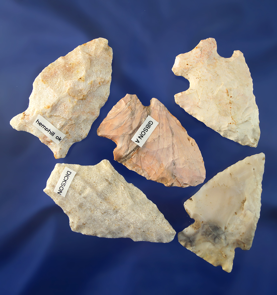 Set of five assorted arrowheads in nice condition found in Missouri, largest is 2 3/8".