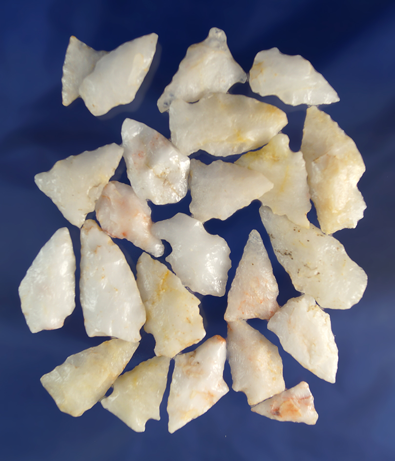 Large group of assorted arrowheads made from Quartz found in Virginia, largest is 1 1/2".