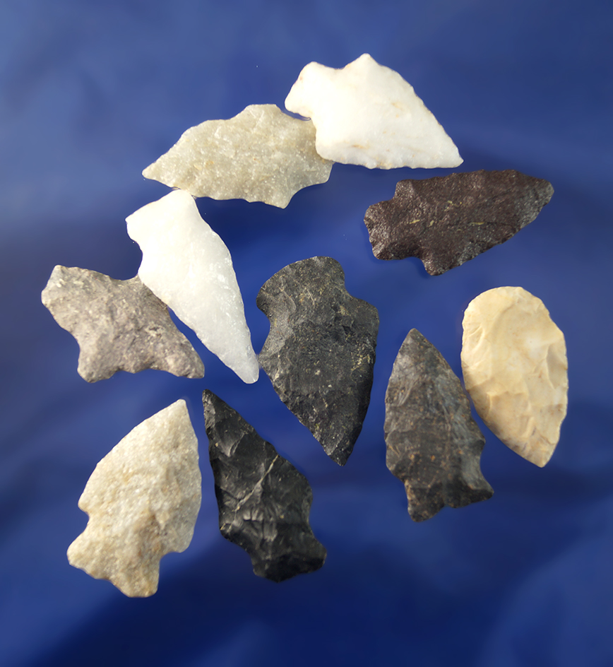 Set of 10 nice arrowheads found in Virginia, largest is 1 9/16".