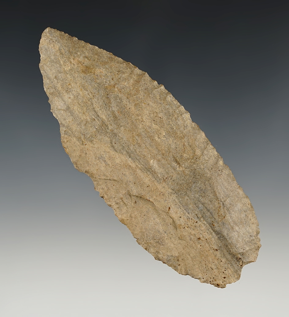 Well patinated 4 7/16" Red Ochre Blade made from Indiana Green. Found in Shelby Co., IN.