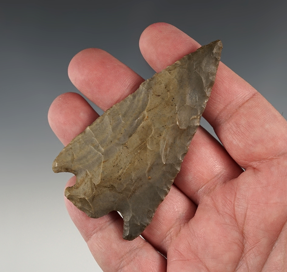 3 1/4" Basal Notch point found in Peru, Indiana. Made from nicely patinated Hornstone.