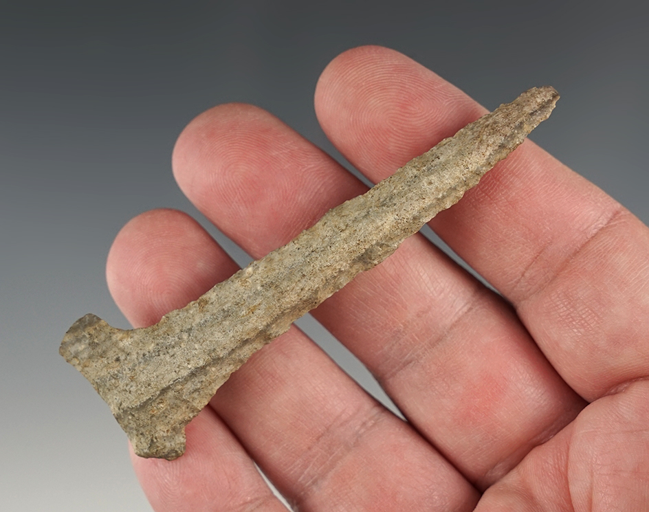 Fine 3 5/16" T-Drill made from Indiana Green flint. Found in Blue River Township, Shelby Co., IN.