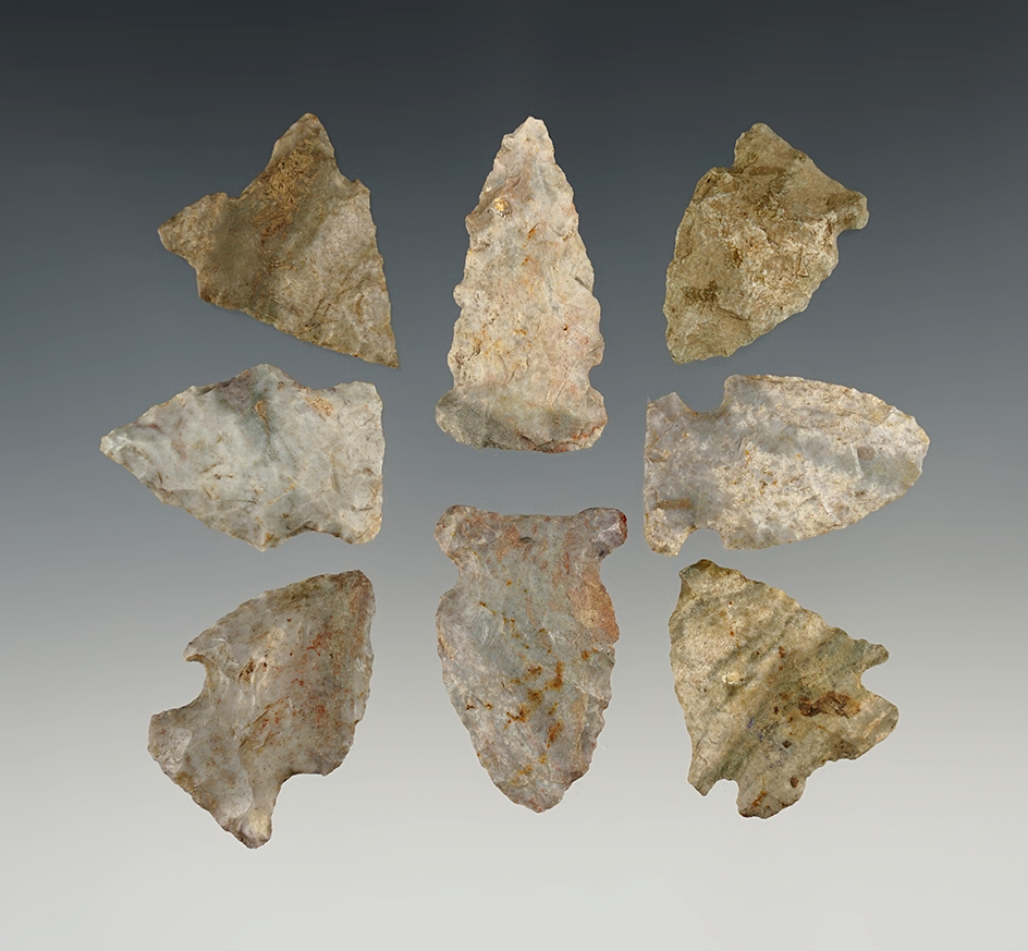 Set of 8 points made from Indiana Green (Attica chert).  Found in Parke Co., Indiana.