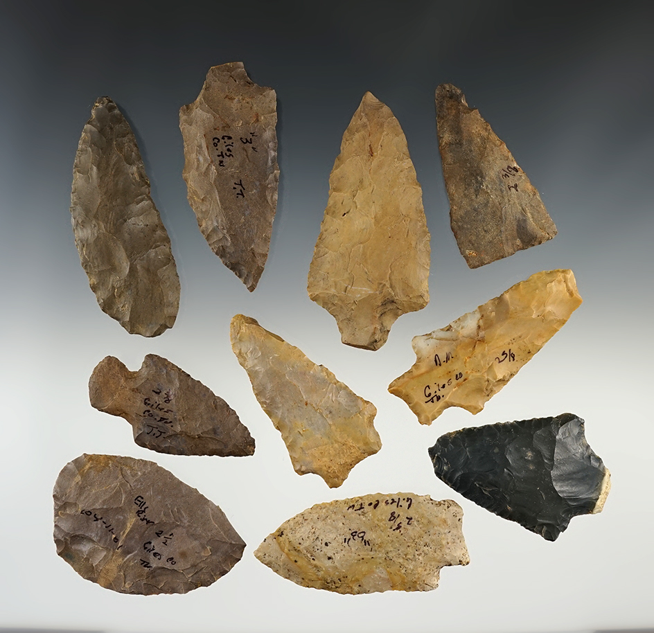 Group of ten Points/Knives, largest is 3 1/8". Found in Tennessee.