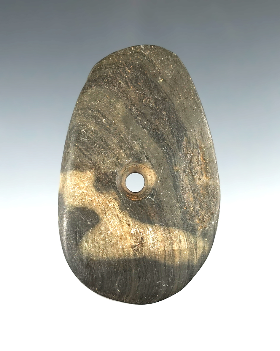 Beautifully patinated 2 7/8" Pendant found in Michigan. Made from Banded Slate.