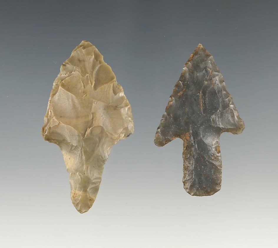 Two long-Stem Hornstone Points, largest is 2 1/16". Found in Kentucky.