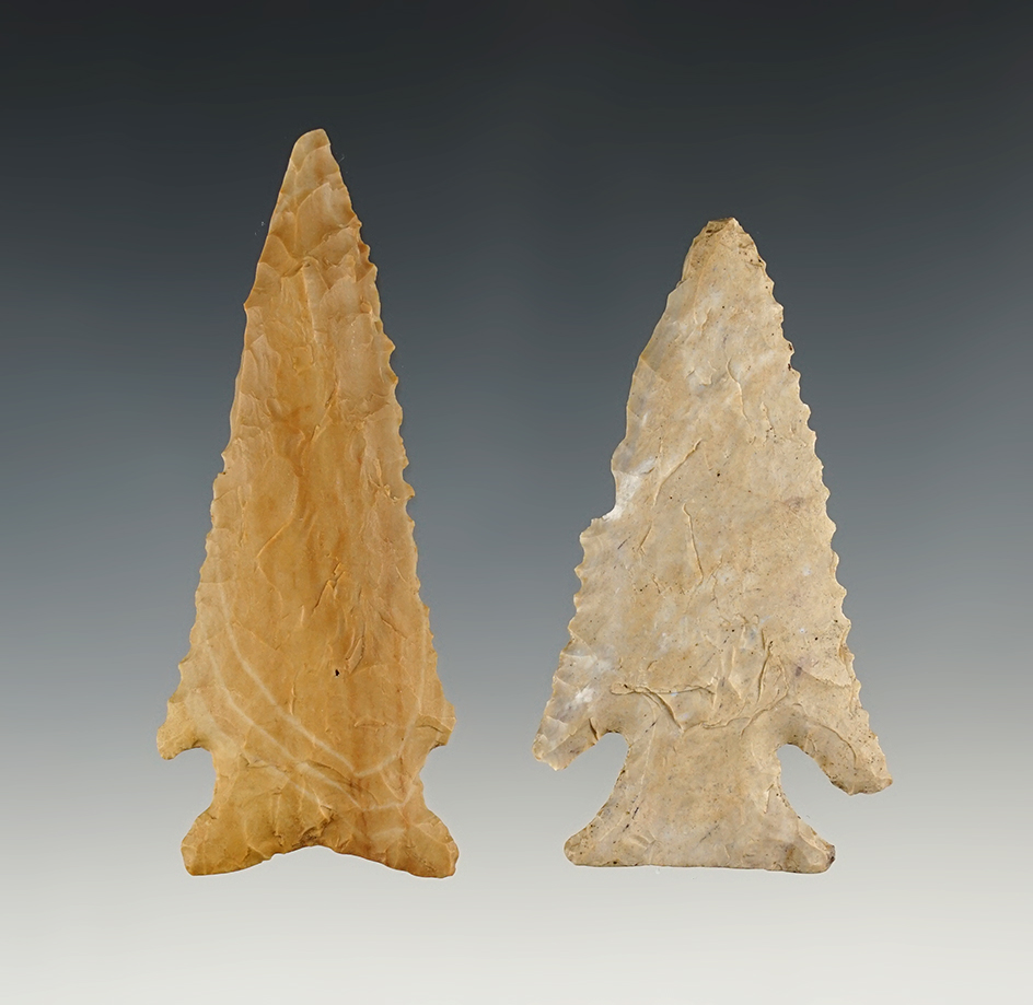 Pair of Tennessee/Alabama points w/ancient impact fractures. The largest is 2 1/8".
