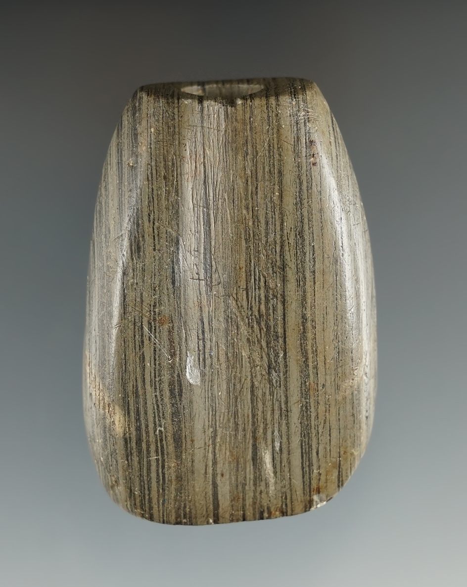 2 5/16" Tube Bannerstone with a nice flute, made from Banded Slate. Morgan Co., Indiana. 3 COAs.