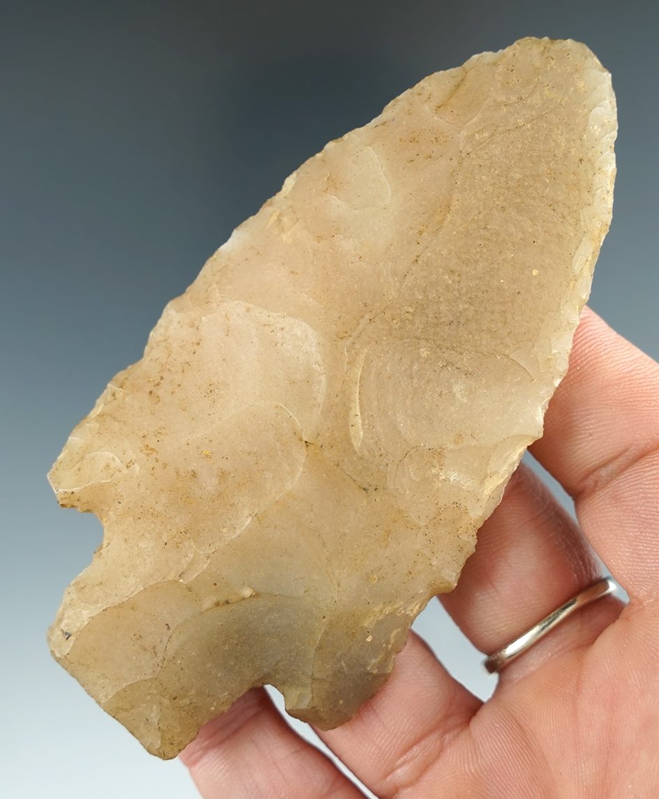 3 7/8" Johnson made from heavily patinated Novaculite found in Arkansas.