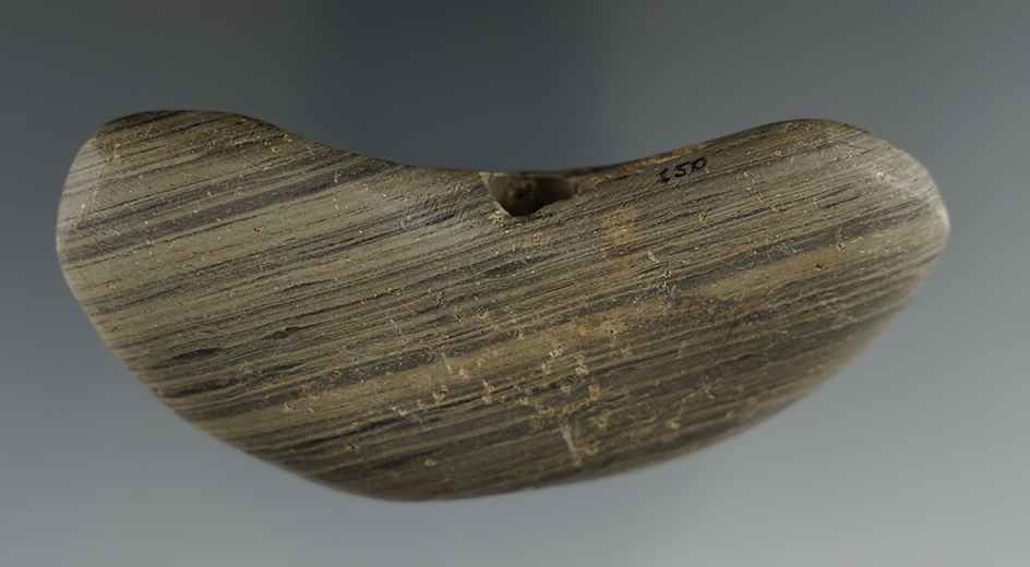 3 5/16" Banded Slate Wing Bannerstone found in Ross Co., Ohio. Ex. Mel Wilkins Collection.