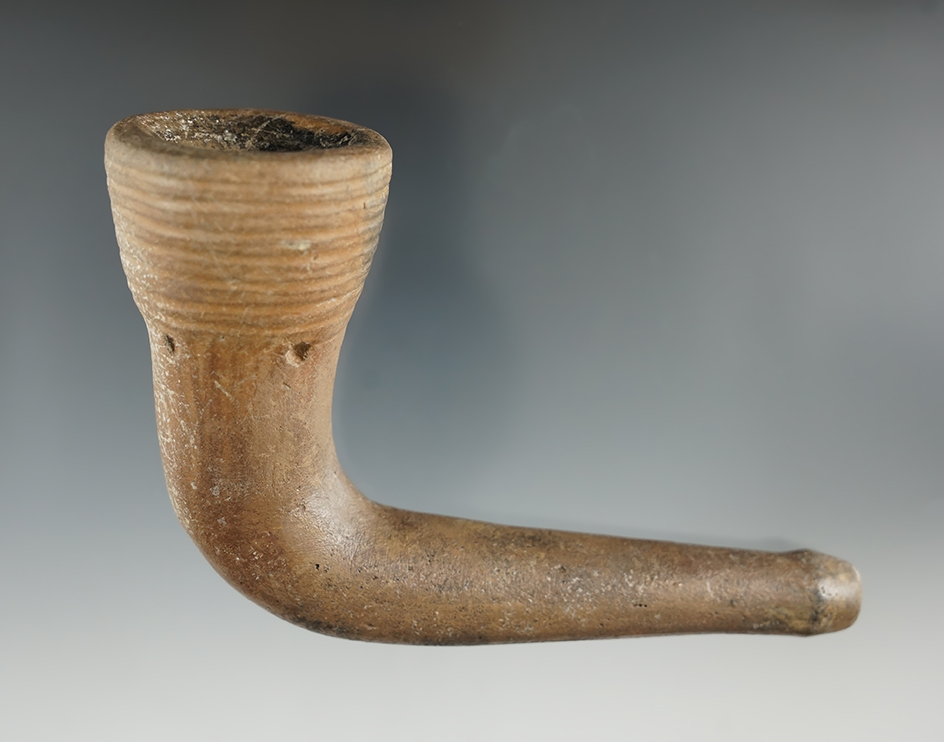 5" long x 3" tall Iroquois Ring Bowl Pipe with moderate restoration to the stem. Found in New York.